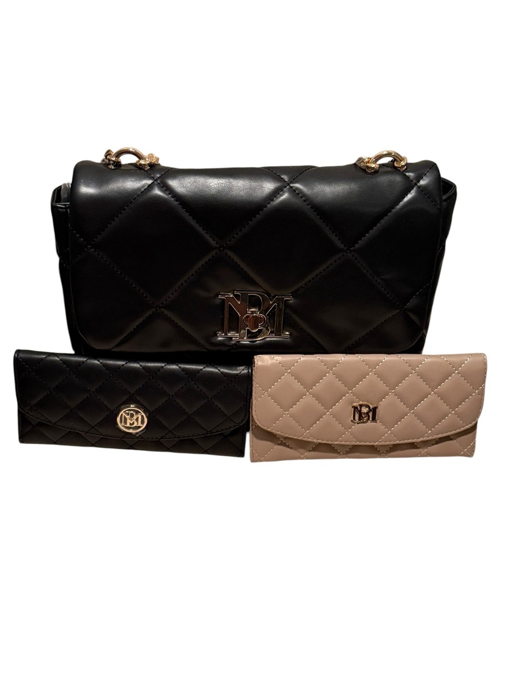 Badgley Mischka Black Quilted Crossbody with Gold Chain and Two Wallets